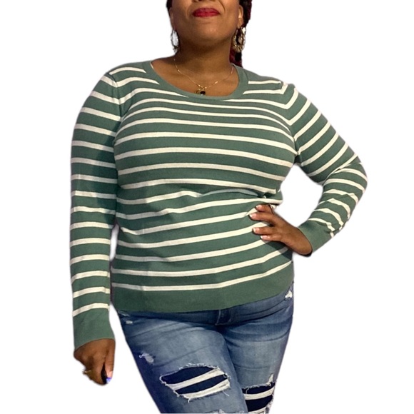 Green and Cream Horizontal Stripped Sweater - Picture 1 of 7